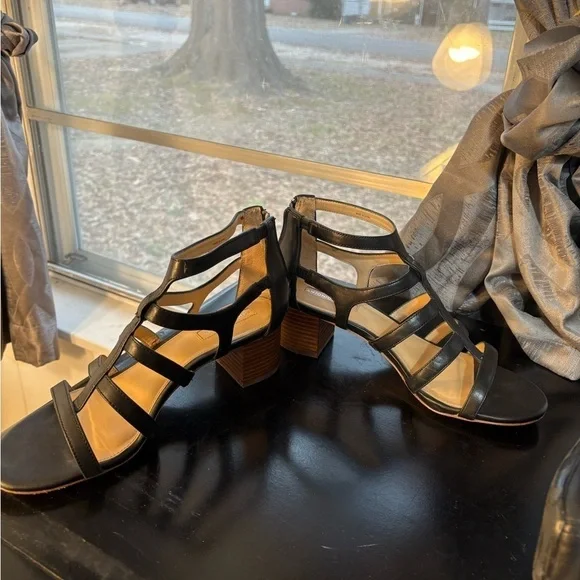 Antonio Melani Black Leather Cage Block Heel Sandals Women’s 7.5 - Picture 7 of 11